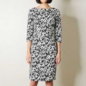 MICHAEL KORS COLLECTION Black White Bicolor Floral Print Cady Sheath Dress